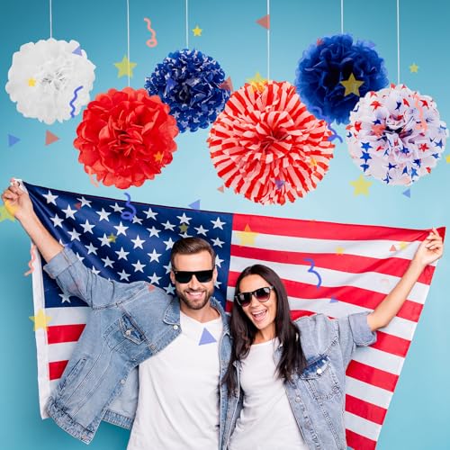 Image of 12 Pcs Patriotic Tissue Paper Pom Pom Flowers, Red White Blue 4th of July Party Decorations, Independence Day Memorial Day Backdrop Holiday Home Decor USA Flag Theme Party Supplies