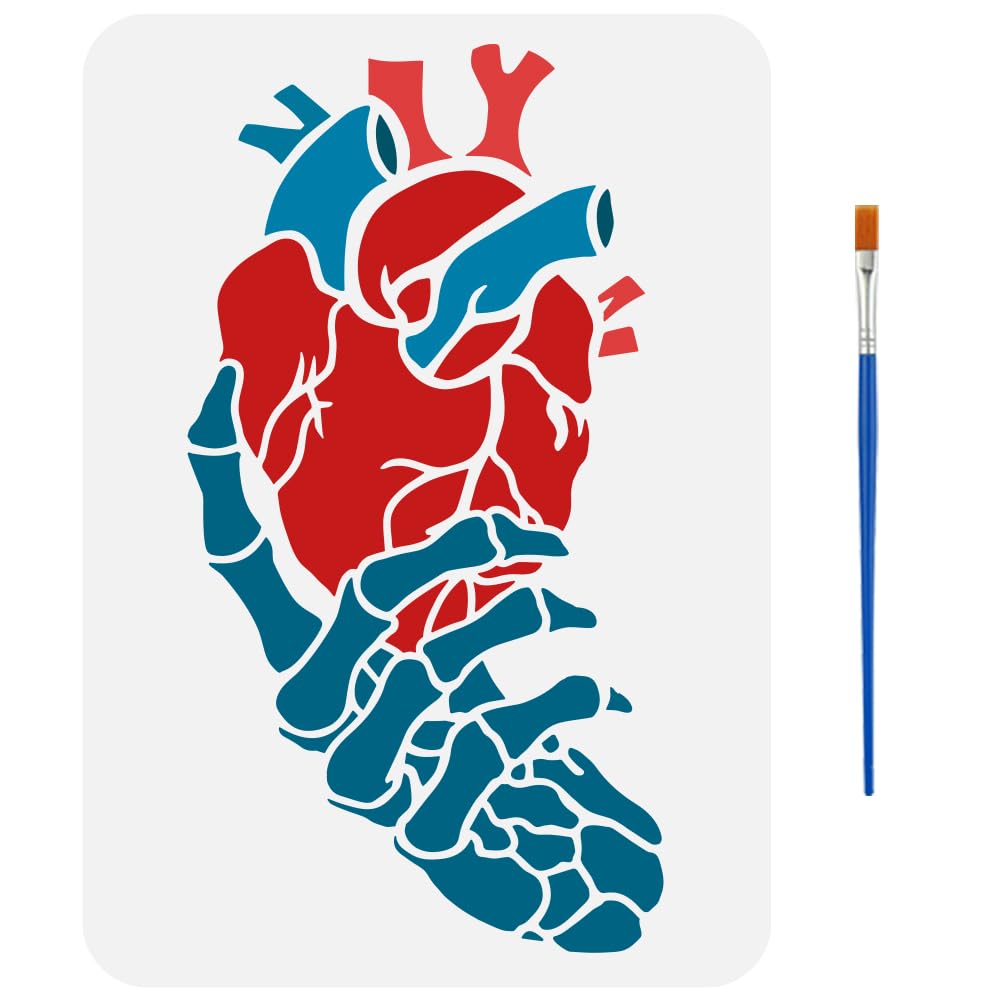 FINGERINSPIRE Hand Skeleton Painting Stencil with 1Pc Plastic Paint Brush 21x29.7cm Plastic Skeleton Hand with Heart Pattern Stencil Reusable Skeleton Hand Stencil for DIY Projects and Crafts