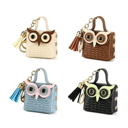 HEFEIYU 4Pcs Cute Owl PU Leather Mini Keychain, Multi-use Coin Purse Bag Charm, PortableEarbud Cable Storage Key Pendant, Fashion Gift for Women Girls - image 1