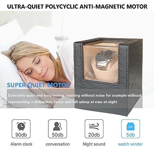 Image of Single Watch Winder for Automatic Watches, Super Quiet, in Wood Shell and Black Leather /Carbon Fiber Leather, Japanese Motor