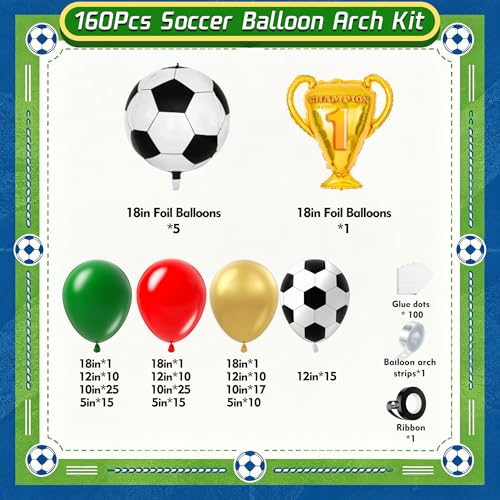 Image of Soccer Party Decorations 160Pcs, World Soccer Balloon Garland Arch Kit with 18'' Football Foil Balloons, Green and Red Football Print Balloons for Boys Sports Fan Birthday Soccer Party Decor