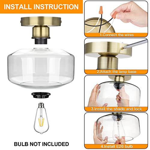 Maxvolador Industrial Semi Flush Mount Ceiling Light Brass, Clear Glass Pendant Lamp Shade, Farmhouse Lighting For Hallway Bedroom, Vintage Hanging Light Fixtures, Bulb Not Included #TOP4