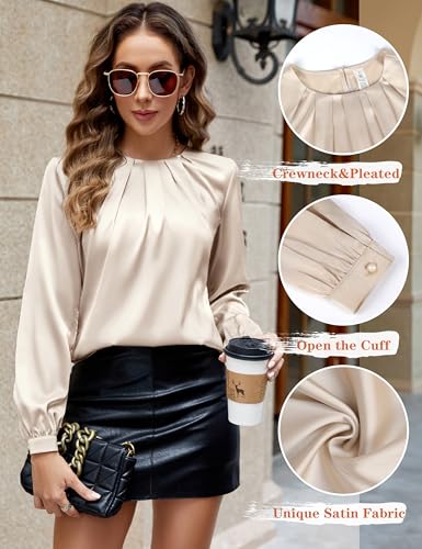 Blooming Jelly Womens Dressy Business Casual Blouse Pleated Long Sleeve Tops Satin Silk Work Shirt Fall Outfits 20254