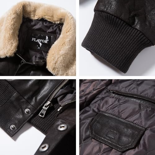 Image of FLAVOR Men's Real Leather Bomber Jacket with Removable Fur Collar Aviator