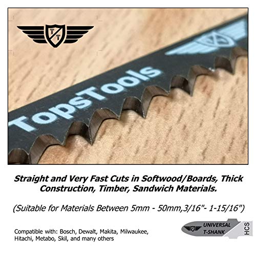 TopsTools 15 x T144D 100mm Jigsaw Blades Designed for Straight and Fast Cuts in Wood