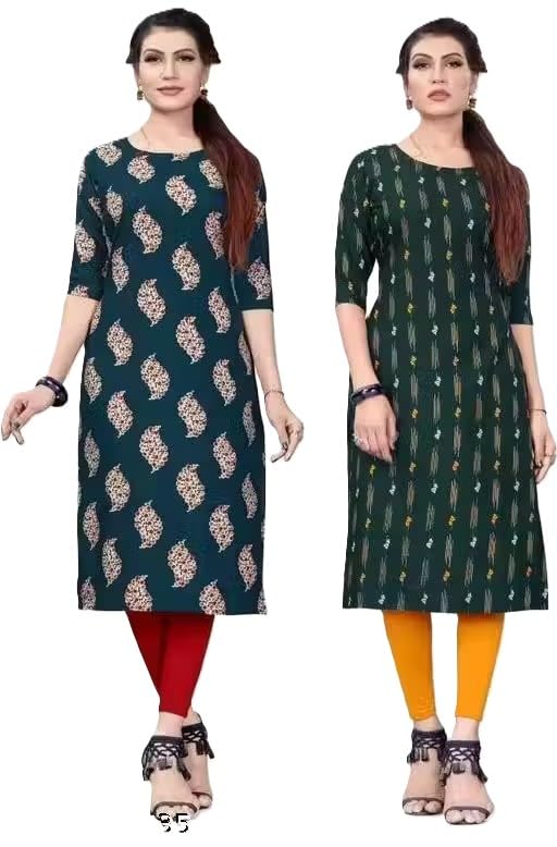 Women's Printed Crepe Straight Kurta, Traditional Indian Style, 3/4 Sleeve,with Ethnic Motifs, Pack of 2-picture-56