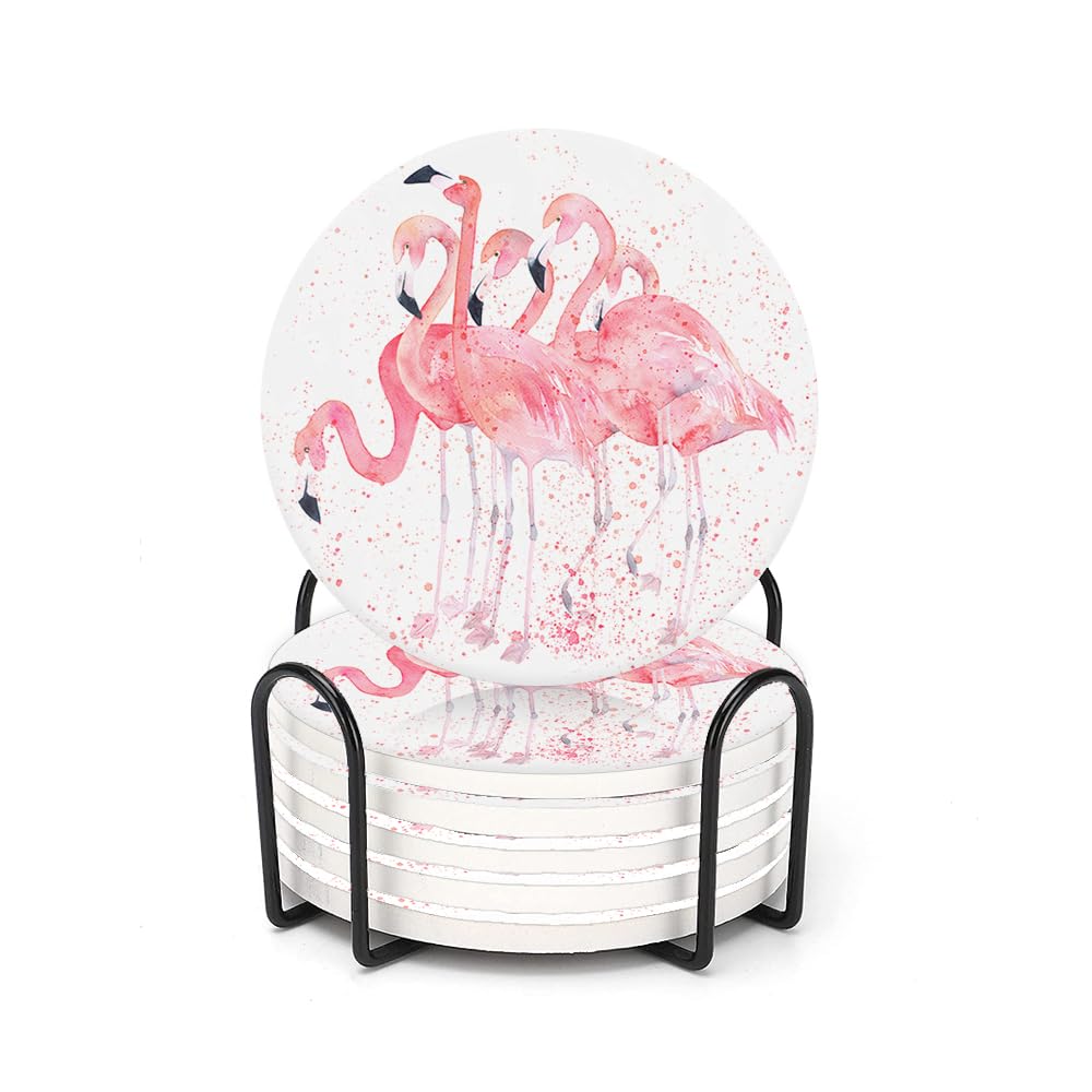 6 Pcs Drink Coasters with Holder, Tropical Pink Watercolor Flamingos Absorbent Round Ceramic Coaster for Tabletop Protection, Home Decor Coasters for Coffee Cup Beverage Wine Beer Bar