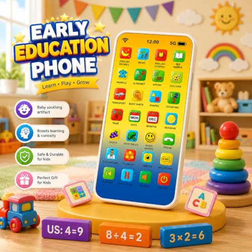 Image of Kids Learning Phone Toy with 13 Indian Regional Languages, 24 Learning Modes, Rechargeable, Music, Flash Cards, for Boys and Girls Age 2-12 Years