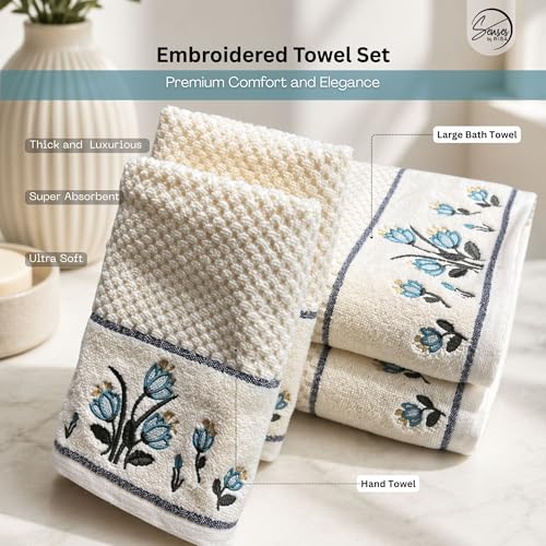 Image of SENSES By Riba Cotton Embroidered Towel Set, 550 GSM Soft & Absorbent, Antimicrobial, Oeko-Tex Certified | Ideal for Home & Gifting, Pack of 4 (2 Bath 27 inchX50 inch + 2 Hand Towels 16 inchX26 inch) - Style 22