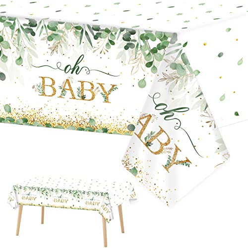 Image of 3 Pieces Sage Greenery Oh Baby Tablecloths for Baby Shower Party Decorations Plastic Disposable Gold Foil Eucalyptus Leaf Table Covers for Rectangle Tables Sage Boho Woodland Neutral Party Supplies