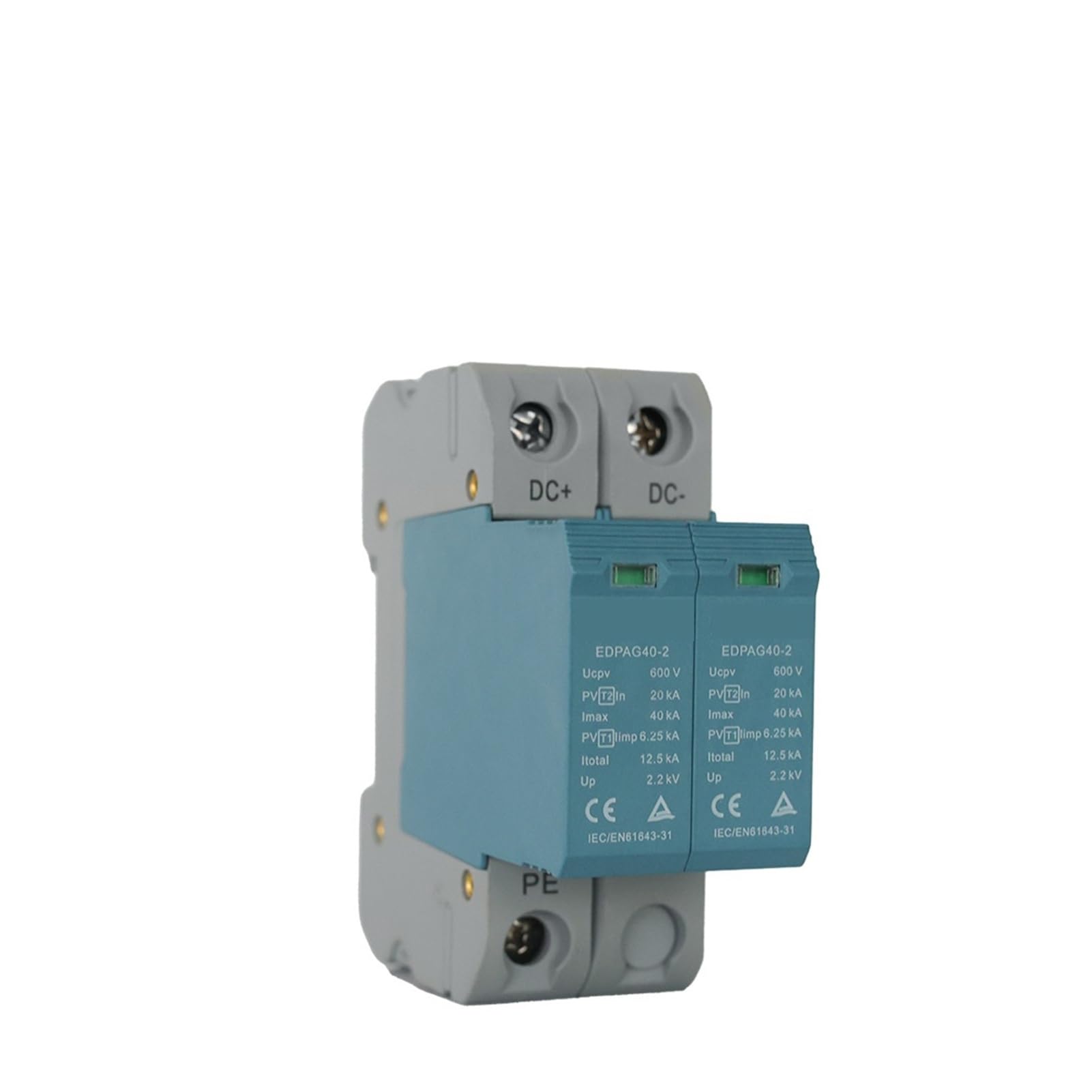 2 Polos DC SPD T1+T2, protección Solar contra sobretensiones PV12.5KA, Protector contra Rayos pararrayos contra sobretensiones en Carril DIN 600V 40KA(2 Pole with Signal)
