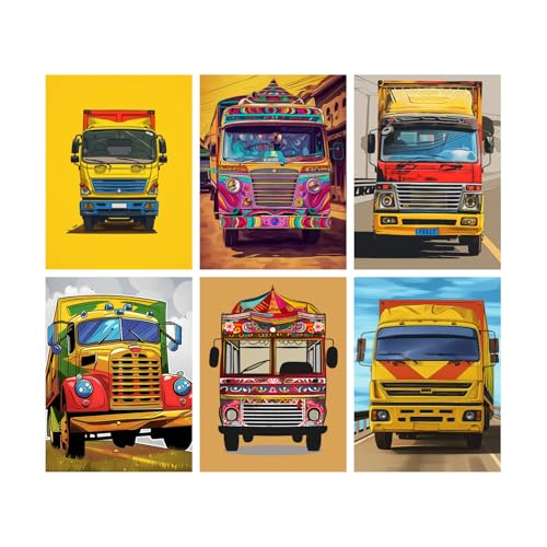 Image of SiddArtify Vibrant Truck Art Print Set - Colorful Truck Illustrations - 300GSM Board - 12x18 Inch - Pack of 6 Wall Room Decoration art Poster Prints