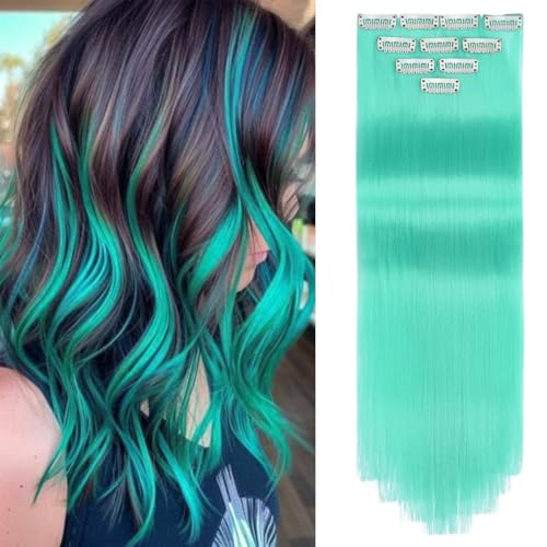 Rose bud Coloured Hair Extensions Clip in 10 pcs Straight Synthetic Hairpieces Highlights 21 Inch Crystal Green Clip on Hair Extension for Women s Christmas Party