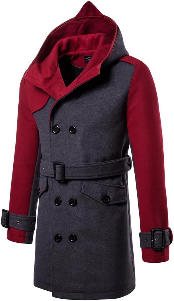 AOWOFS Men's Trenchcoat Wool Blend Winter Long Double Breasted Overcoat Slim Fit Warm with Belt Small Wine Red 042
