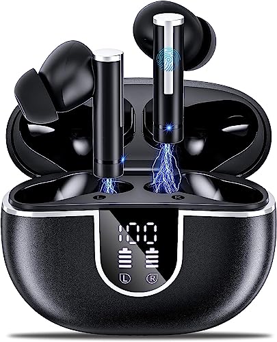Wireless Earbuds Bluetooth Headphones 5.3, 50H Playtime Bluetooth Earbuds Built in Noise Cancellation Mic with LED Digital Display Charging Case, IPX7 Waterproof Ear Buds for iPhone Android (Black)