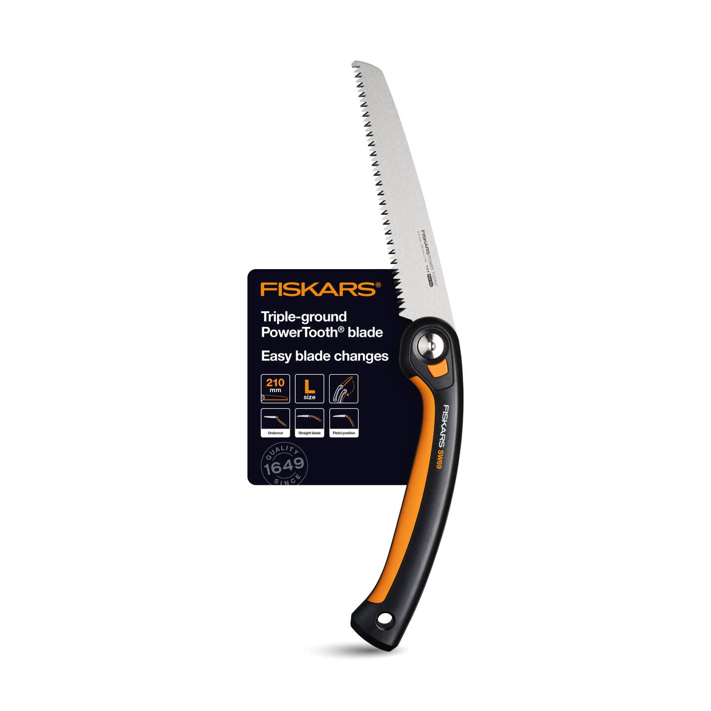 Fiskars Seghetto a Serramanico Plus, Per Rami e Tronchi Spessi, 3 Posizioni di Taglio, Lama Affilata Power Tooth, Denti Grossi, Lunghezza della Lama: 21 cm, Nero/Arancione, SW69, 1067553