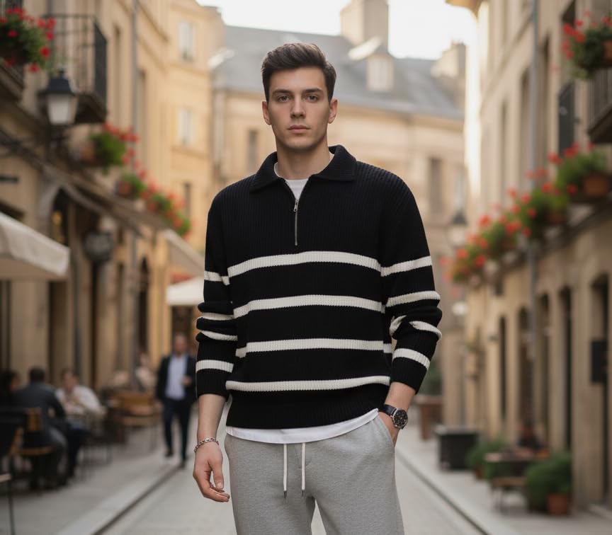 Image of Pivl Men's Winter Round Neck Striped Sweater
