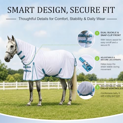 Image of Horse Fly Sheet with Detachable Neck, Maximum Airflow Breathable Open Weave Mesh for Hot Weather, Anti-Rub Comfort, 65% UV Protection, Cool Summer Sheet for Pasture & Barn White 78