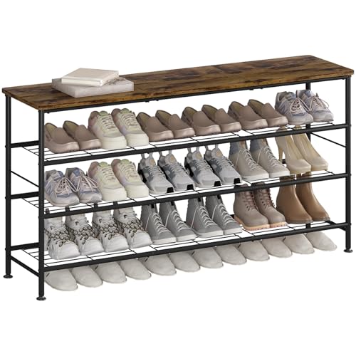 Image of SUOERNUO Shoe Rack Organizer 4 Tier for Closet Entryway Free Standing Metal Storage Shoe Shelf with MDF Top Board (Black+Rustic Brown, Large 4 Tier)