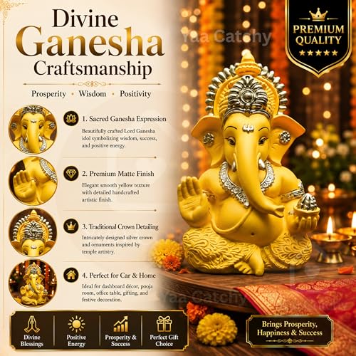 Image of Mango Yellow Ganesha Idol Car Dashboard Idol Ganesha Murti Ganpati Idol for Home Decor Pooja Lord Ganesh Statue Gift for Office Desk Pooja Room (Ganesha Yellow & Gold)