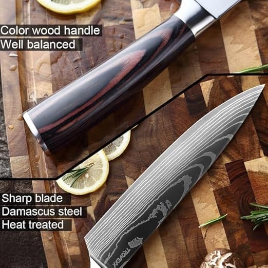 Image of Professional Chef Knife - 8 Inch Japanese Style Kitchen Knife with Hammered Stainless Steel Blade & Wood Handle-Ultra Sharp Multipurpose for Vegetables & More (Cover Knife)