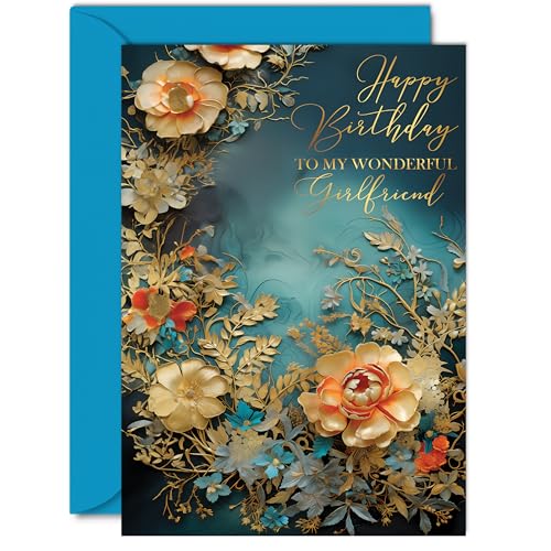 Beautiful Gold Birthday Cards for Girlfriend - Wonderful Golden Flowers