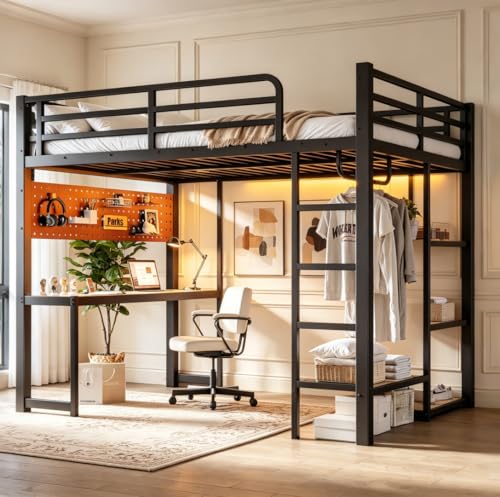 Image of Bellemave Full Size Loft Bed with Desk,with USB Ports, Lights, and Hanging Rod, Cave Board Design, Metal Full Loft Bed Frame for Adults, Kids, Teens, Black