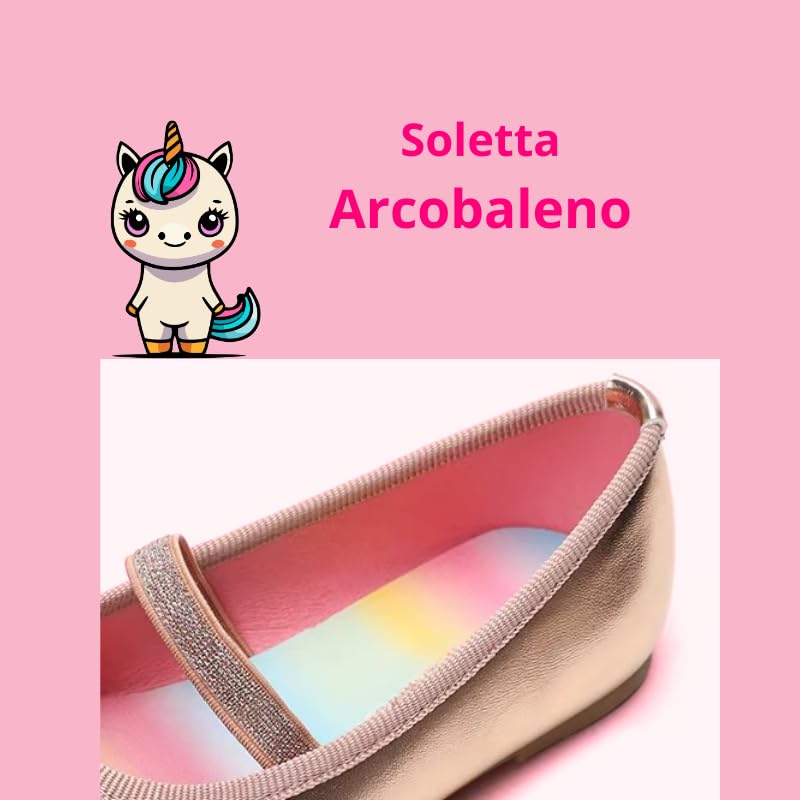 Ballerines pour Fille avec Licorne, Chaussures Basses Décontracté, Couleurs Métallisées, Semelle Arc-en-ciel Antidérapant