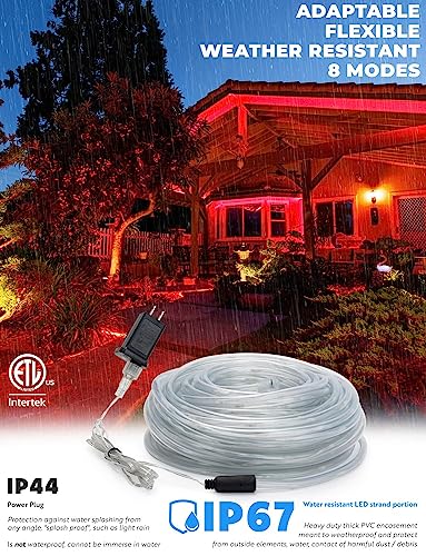 West Ivory 25ft 8-Mode LED Rope Light, Outdoor Waterproof Accent Lighting, Remote Control Included, ETL Certified w/Clear Flexible PVC Tube, Backyard, Christmas Lights, Ambient Décor - Red