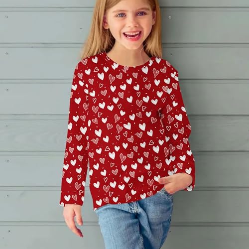Girls Long Sleeve Valentines Shirts Cute Funny Heart Graphic Tee Tops Teen Girls Valentines Outfit Clothes 3-13T4