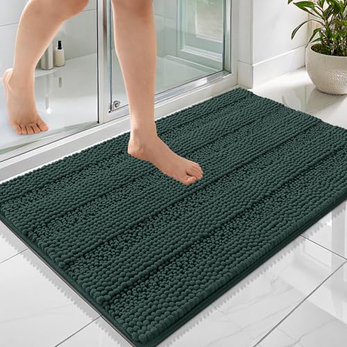 Image of OLANLY Thick Bathroom Rugs 36x24, Extra Absorbent Chenille Striped Bath Rugs, Rubber Backing, Machine Wash Dry, Bath Mats for Bathroom Floor, Tub and Shower, Home Decor Accessories, Blackish Green