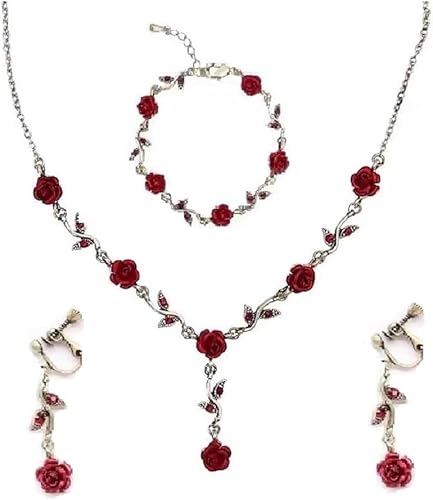 COLORFUL BLING 3 piezas de joyería de color rojo rosa, collares rojos para mujer, aretes colgantes de flores de rosa roja, pulsera de oro rosa,