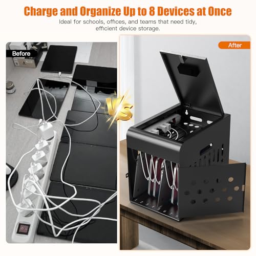 8 Tablet Charging Station Lock Box - Fits 14" Screen, Steel Case & Lockable Door,2 Keys Included - for Chromebook,ipads,Laptop and Tablets - Ideal for Offices, Classrooms and Hospitals(Black)