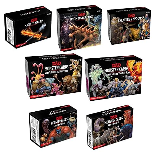 Dungeons and Dragons Spellbook Cards Bundle (7Items)(Magic Items ,Monsters 0-5 , Monsters 6-16 ,Creature & NPC Cards , Epic Monsters , Volo's Guide to Monsters,Mordenkainen's Tome of Foes)