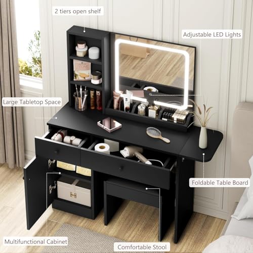 GAOMON Vanity Desk with Mirror and Lights, Makeup Vanity with 2 Drawers & 2 Shelves & One Door, 3 Lighting Modes Adjustable Brightness, Bedroom Dressing Table, Black