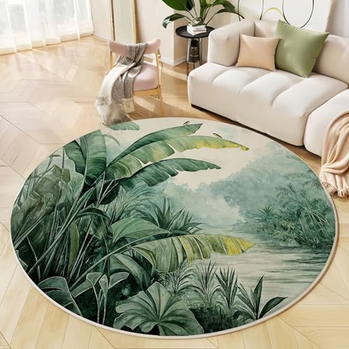 Alfombra Redonda Natural Acuarela, Alfombras Plantas Tropicales Aves Pelo Corto Suave, Lavable Resistente a Las Manchas Verde Alfombras, para Sala de Estar habitación de los niños 90cm