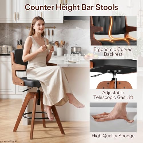 Image of Bar Stools Set of 4, Adjustable Swivel Counter Height Kitchen Island | Set of 4 Mid Century Counter Stools, Swivel Barstools with Back, Faux Leather Upholstered Bar Chair with Arm Back
