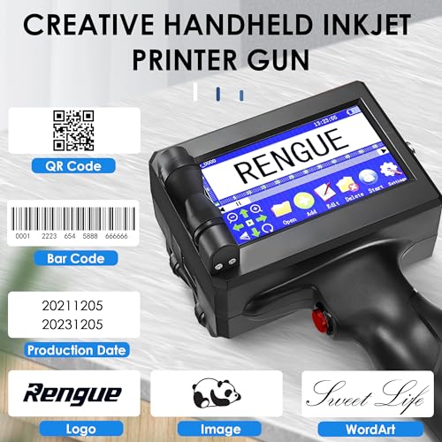 Rengue Handheld Inkjet Printer Gun, Portable Handheld Printer Quick-Drying Inkjet Coding Machine, 4.3" Mobile Touch Screen Inkjet Label Printer for QRCode, Barcode, Batch Number, Date (28 Languages)