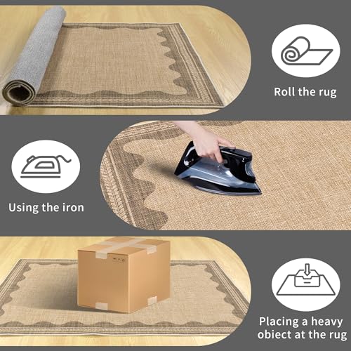 Image of Easy Jute Rug 3x5 Outdoor Rug Scalloped Washable Rugs for Entryway Non Slip Neutral Farmhouse Indoor Outdoor Carpet for Backyard Patio Office