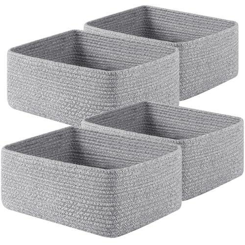 OIAHOMY 4 Pack 14.17*11.02*6.3IN Storage Baskets for Organizing Shelves, Woven Rope Baskets for Organizing Books, Clothes, Decorative Basket for Living Room, Nursery, Bedroom, Gift Basket, Grey