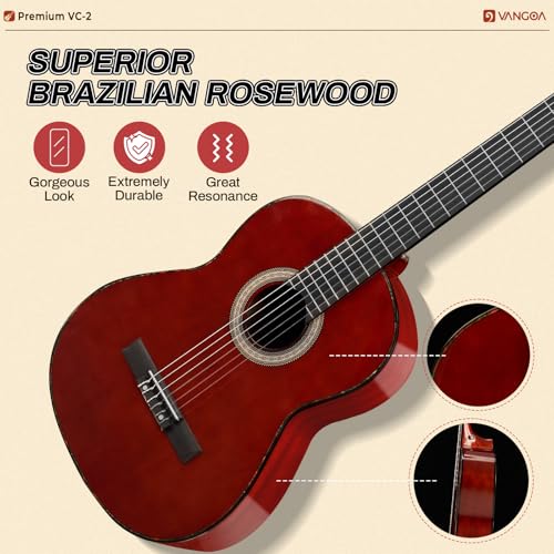 Image of Classical Guitar Full Size 4 /4 Spanish Style Classical Guitarra, 39 Inch Nylon Strings Guitar Ideal for Beginner Adults, Solid Rosewood Red, by Vangoa