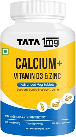 TATA 1mg Veg Calcium &amp; Vitamin D3 supplement with Zinc, Magnesium &amp; Alfalfa | High absorption Citrate Malate form | 500mg 