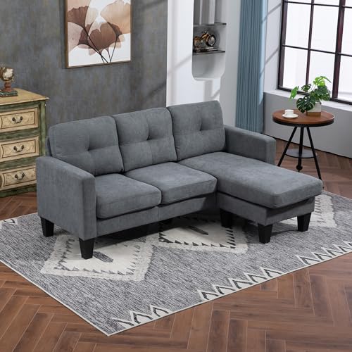 HOMCOM Ecksofa, Eck-Couch mit umkehrbarer Chaiselongue, Sofa in L-Form, Gepolstert Eckcouch mit Federkern, Stahlrahmen Leinenoptik, 186 x 130 x 84 cm, Dunkelgrau – Bild 3