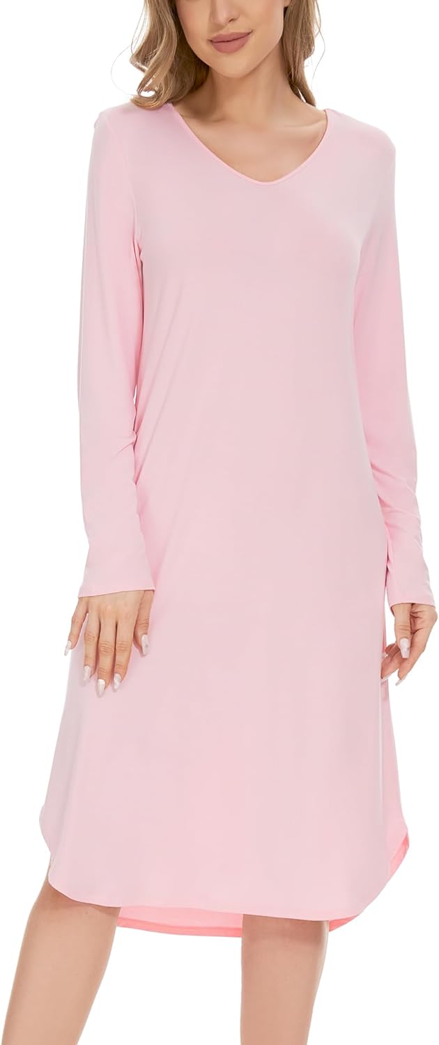 GYS Bamboo Viscose Nightgowns for Women, Soft Long Sleeve V Neck Night Shirts Sleepwear, Below the Knee Long Nightgown Pajama