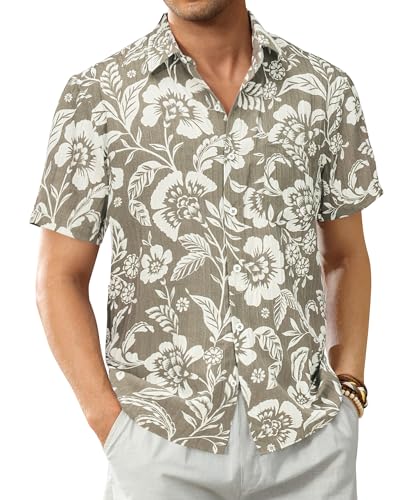 DEMEANOR Hawaiian Shirt for Men Short Sleeve Floral Button Down Shirt Tropical Hawaiian Shirts Casual Linen Shirts Beach