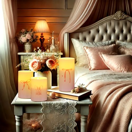 Image of Tujoe 3 Pcs Valentines Flameless LED Candle with Remote Coquette Pink Bow Candles Pillar Candle Set Battery Operated Romantic Valentine Decorations for Home Wedding Bachelorette Bridal Birthday