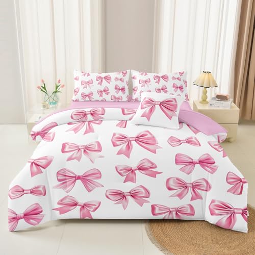 Image of DORCAS Bow Comforter Set Full Bed in A Bag for Girls,6 Pieces Pink Bow Bedding Sets with Sheets for Kids
