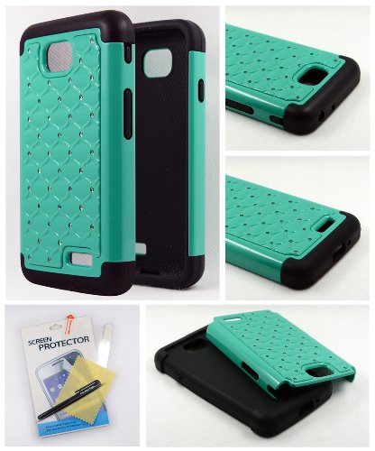 Thousand Eight(TM) For LG Optimus L90 Diamond Studded Silicone Rubber Skin Hard Case + [FREE LCD Screen Protector Shield(Ultra Clear)+Touch Screen Stylus] (Diamond teal)