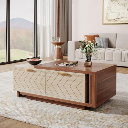 Tribesigns Extendable Coffee Table with 2 Storage Drawers Dual-Tone Center Table with Sliding Tabletop Multi-Functional Hidden Storage Wooden Rectangle Cocktail Table for Living Room (Walnut & Oak)