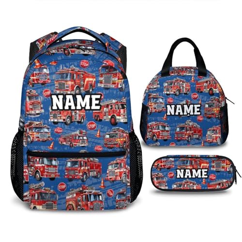 School Backpacks for Boys, Personalized Set of 3 Fire Truck Backpack for Kids Children Teens, Large Capacity Bookbag with Lunchbox and Pencil Case Supplies for Kindergarten Elementary
